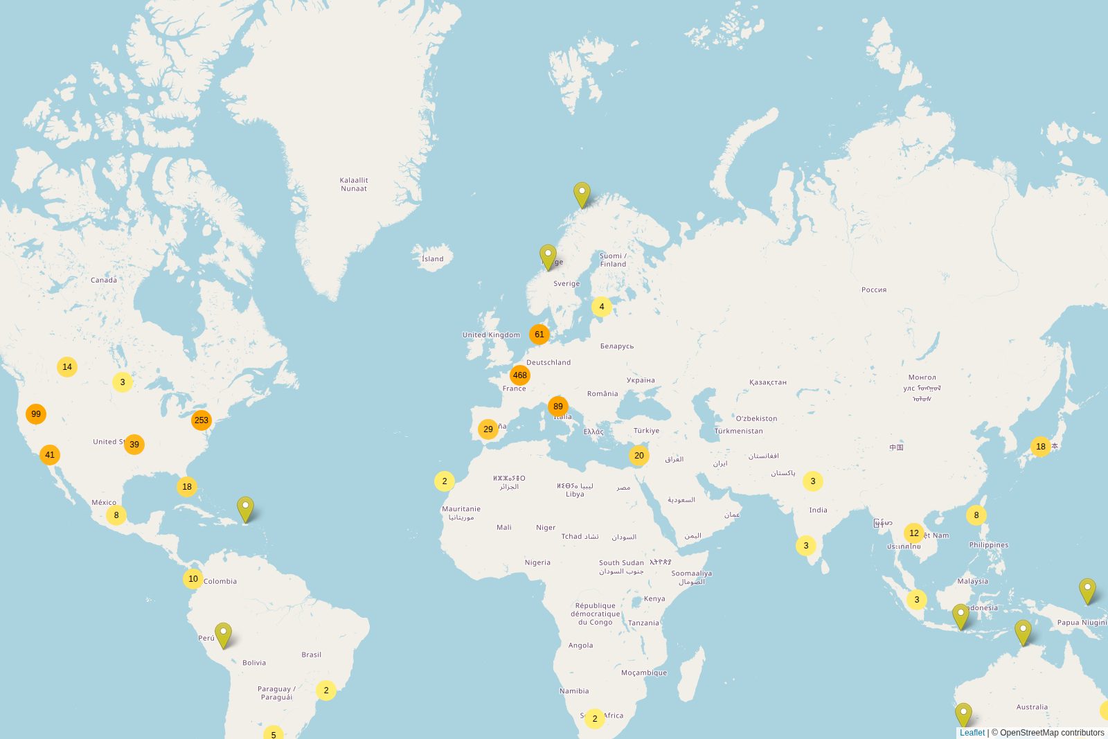 A world map with clusters of markers over Europe, North and South America, Asia and Australia.