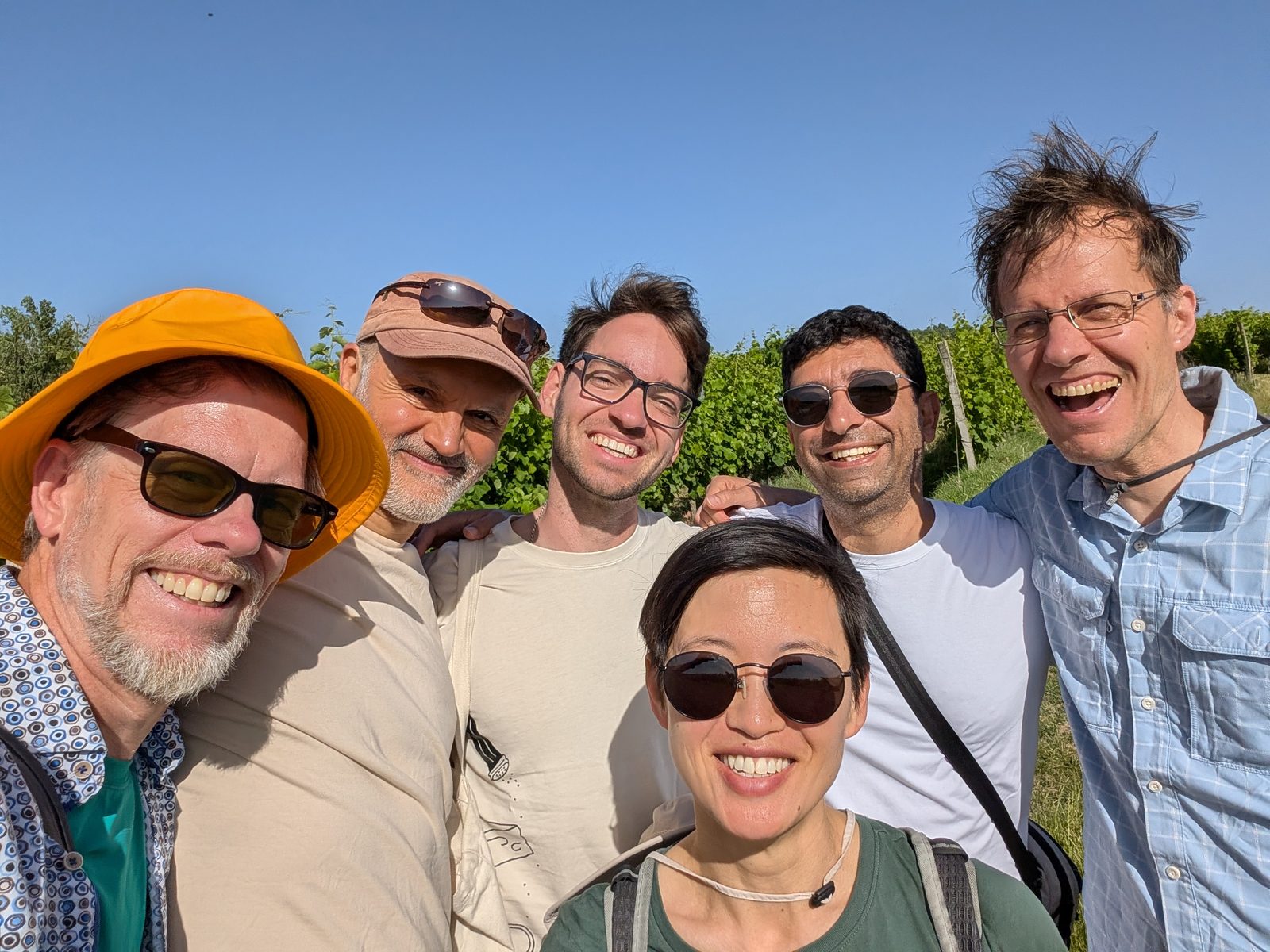Six friends standing close together outdoors in bright sunshine, arms around one another's shoulders and all smiling towards the camera, with rows of vines and a clear blue sky behind them.